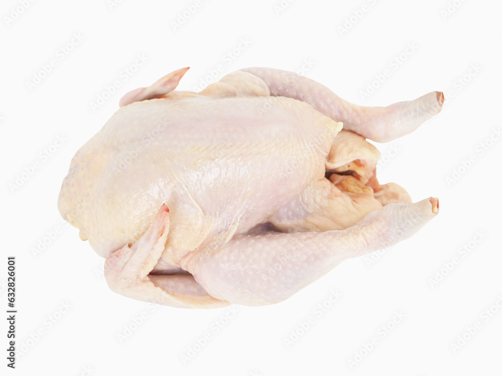 Whole raw chicken on white background. Closeup photo, blurred. Whole raw chicken on white background. Closeup photo, blurred.