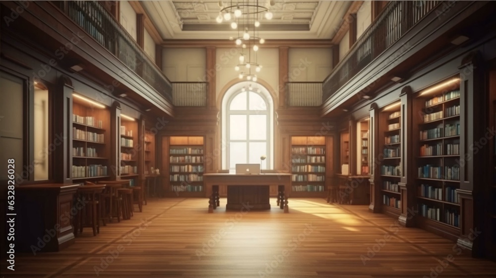 Large library with many books and bookshelves for learning with knowledge. AI generated