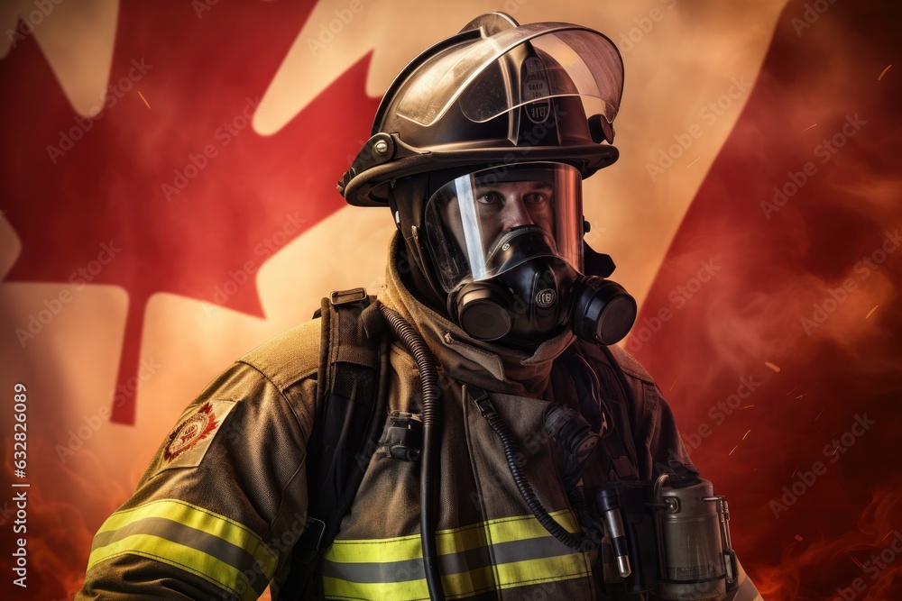 fireman in gear in front of a canadian flag - created using generative Ai tools fireman in gear in front of a canadian flag - created using generative Ai tools