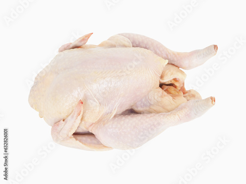 Whole raw chicken on white background. Closeup photo, blurred.