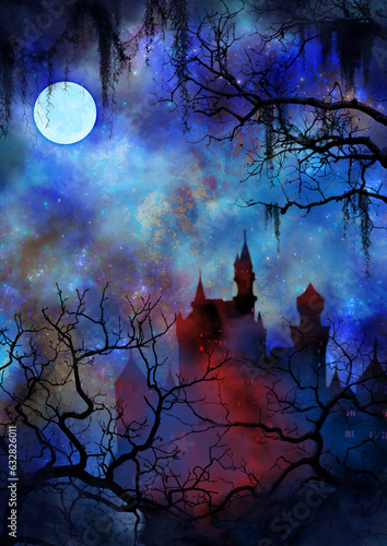 不気味な星空に輝く満月と枯れ木と西洋の城のイラスト