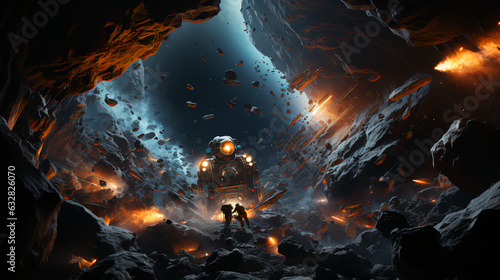 Man astronaut in a space suit on the surface of an asteroid planet in outer space. AI generated