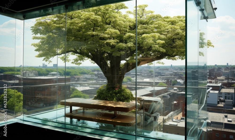 Photo of a tree in a glass box overlooking a bustling cityscape