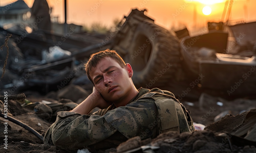 Photo of a man in camouflage sitting on a pile of rubble