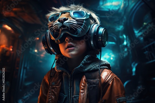 Boy wearing virtual reality headset and surreal dragon. VR goggles. Generative AI