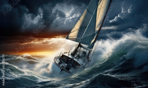 Photo of a sailboat battling through stormy waves in the open ocean