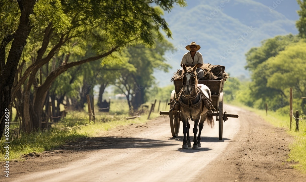The horse's hooves echo as the cart glides under the old man's guidance The horse's hooves echo as the cart glides under the old man's guidance