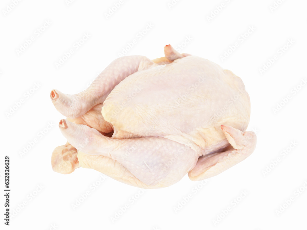 Whole raw chicken on white background. Closeup photo, blurred. Whole raw chicken on white background. Closeup photo, blurred.