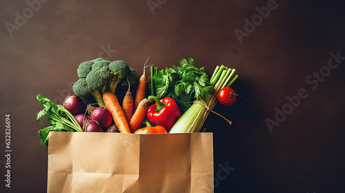 A brimming brown bag overflows with an assortment of vibrant, farm-fresh vegetables, a colorful bounty of nature's goodness. photo