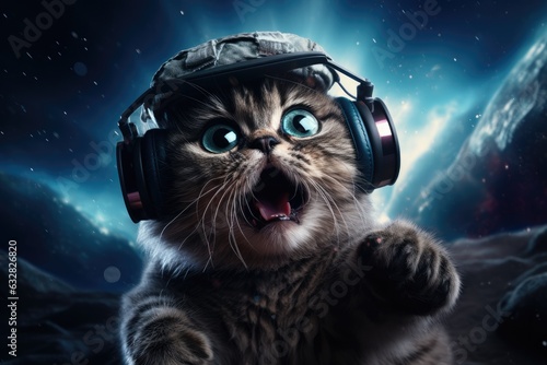 Cat wearing VR headset, surreal galaxy cosmic and colorful background. Generative AI