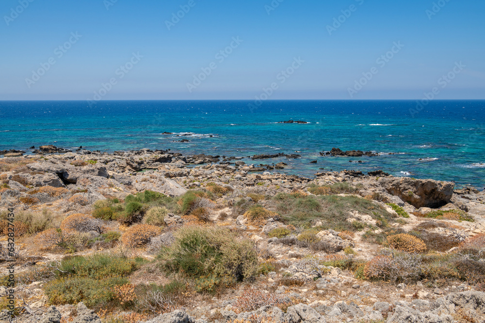 Coastal view and Mediterranean Sea, Elafonissi, Kissamos, Crete, Greece