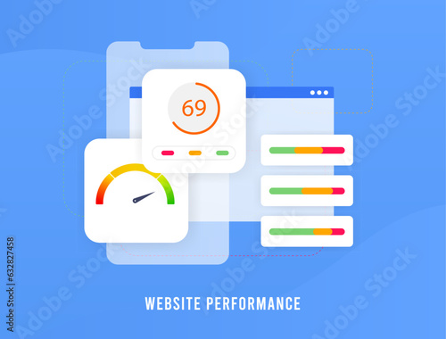 Website Performance Optimization concept. Enhance Web Page Speed for Improved SEO Metrics. Web Browser with Speedometer Indicator, Enhancing Website Performance, User Experience and SEO Ranking