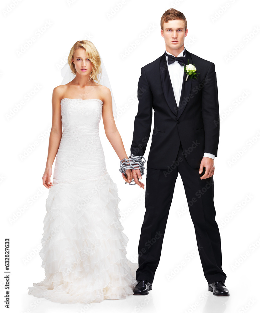 Marriage, chain and portrait of couple with force, trap and wedding prisoner. Young people and depression of bride with groom and fear of commitment stress isolated on a transparent, png background
