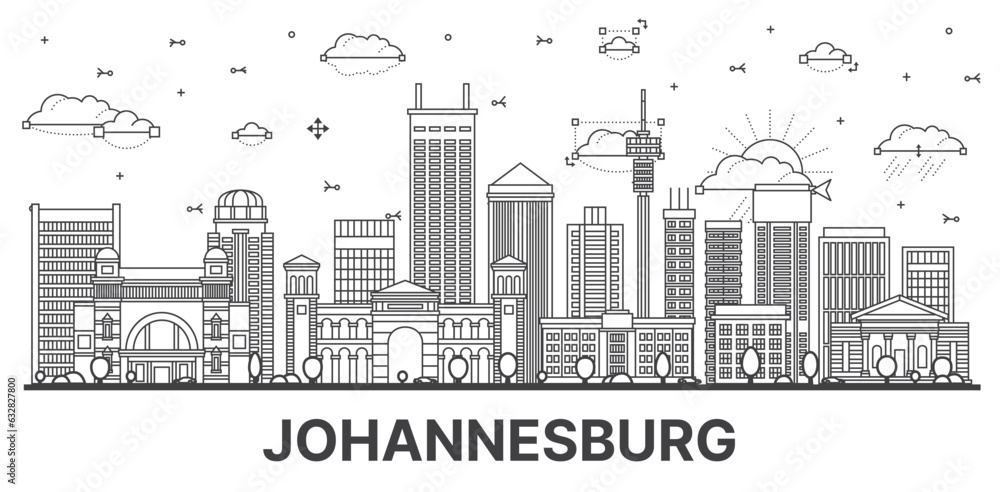 Naklejka premium Outline Johannesburg South Africa City Skyline with Modern and Historic Buildings Isolated on White.