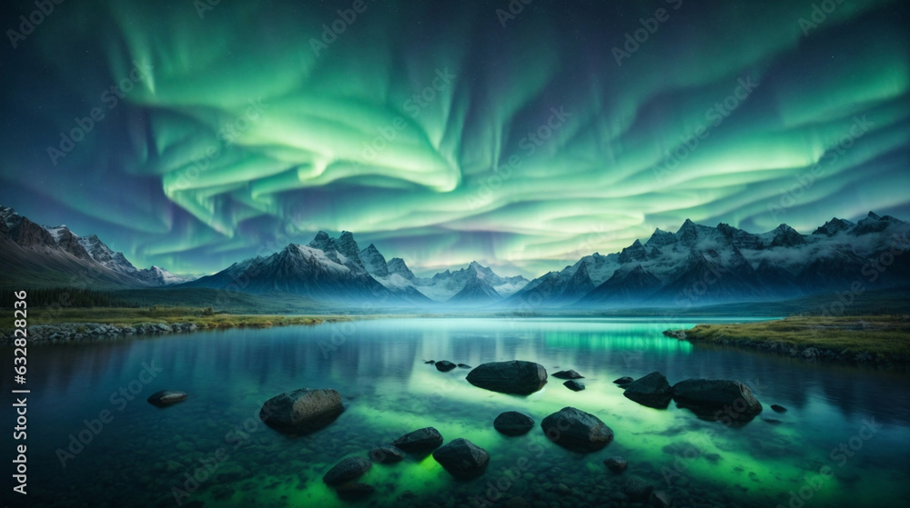 northern lights in the sky reflection on the lake and mountains Stock ...