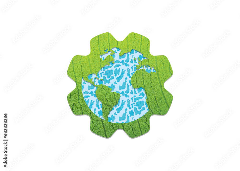 Green Technology Symbol concept. Green leaf with gear vector illustration. world map on a white background