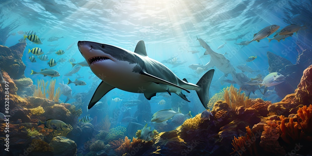 Fototapeta premium Visualization of the amazing size of sharks in coral reefs