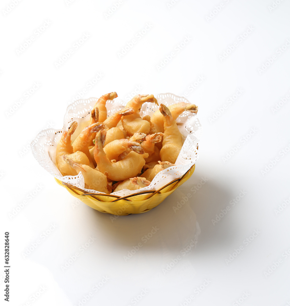 deep fried crispy prawn fritters tempura in bamboo basket salad on white background design appetiser food dim sum snack halal menu for Hong Kong cafe deep fried crispy prawn fritters tempura in bamboo basket salad on white background design appetiser food dim sum snack halal menu for Hong Kong cafe