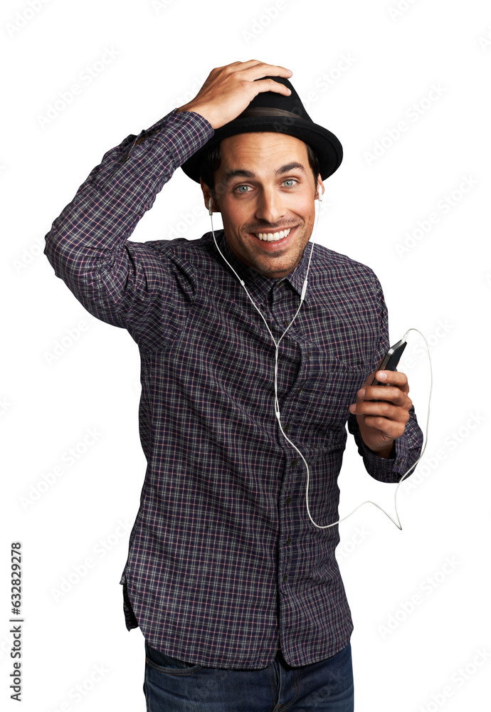 Portrait, music and man with a smartphone, smile and hipster isolated on a transparent background. Male person, guy or model with a cellphone, earphones and listening to sound, streaming audio or png Portrait, music and man with a smartphone, smile and hipster isolated on a transparent background. Male person, guy or model with a cellphone, earphones and listening to sound, streaming audio or png