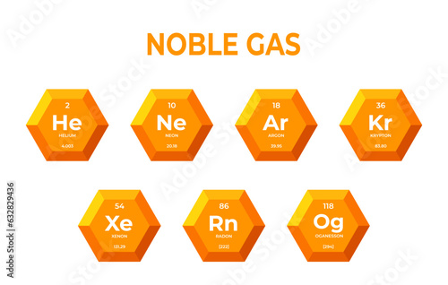 Chemical elements of noble gas in hexagons. Mendelev table elements in hexagons for learning and education for young children.