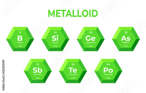 Chemical elements of metalloids in hexagons. Mendelev table elements in hexagons for learning and education for young children.