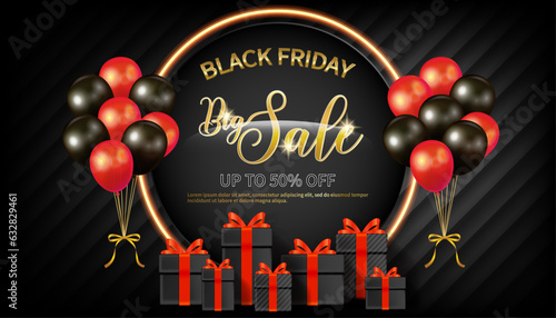 Modern black friday sale stand, background, poster, banner for business sale with balloons and gifts