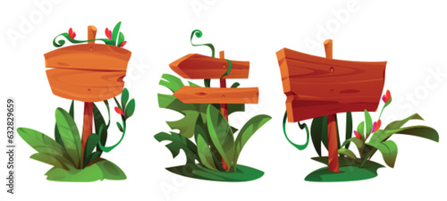 Set of jungle signboards isolated on white background. Vector cartoon illustration of wooden direction indicators and nameplates decorated with green tropical plants and flowers. Game menu border