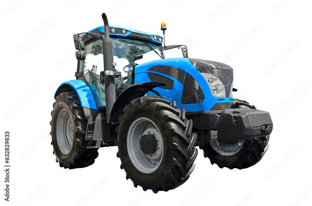 Big blue agricultural tractor, front view Big blue agricultural tractor, front view