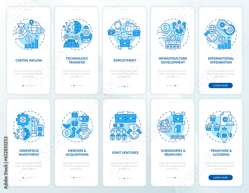 2D blue icons representing foreign direct investment mobile app screen set. Walkthrough 5 steps colorful graphic instructions with linear concepts, UI, UX, GUI template.