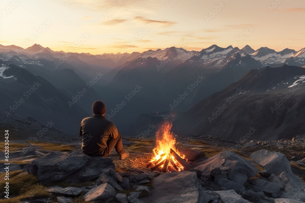 Fototapeta premium a man by the fire looks at the sunset in the mountains