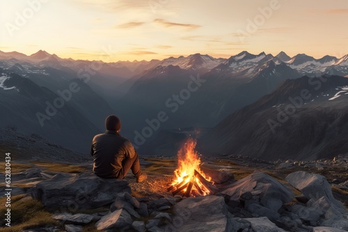 a man by the fire looks at the sunset in the mountains