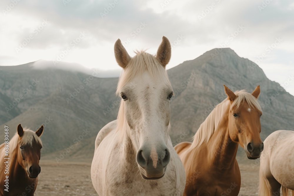 Portrait of horses standing against by mountain against sky. 