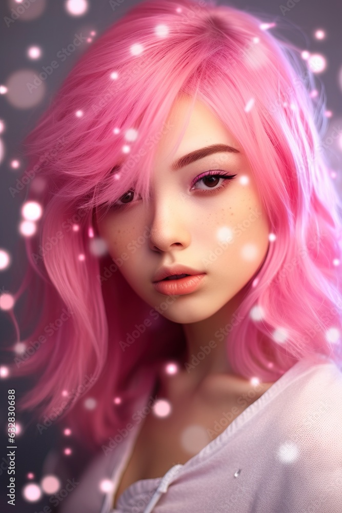 Fototapeta premium Modern girl teenager with pink and white hair and bright makeup with stickers and decorative adhesive plaster on the face. Anime style. 