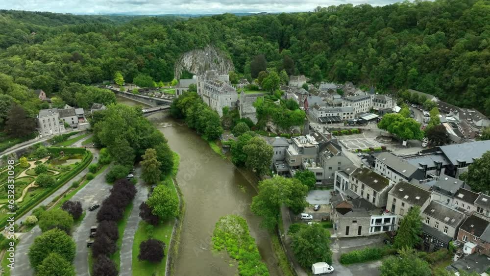 Drone arc shot over Ourthe River of Château de Durbuy in city of Durby, Belgium Drone arc shot over Ourthe River of Château de Durbuy in city of Durby, Belgium