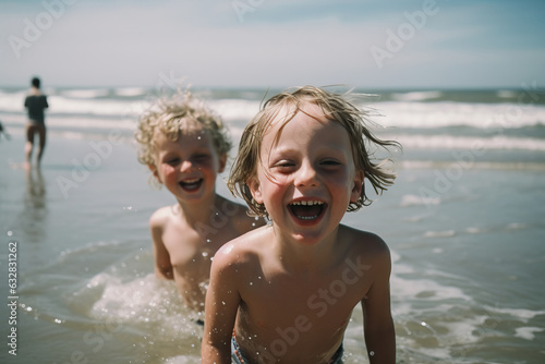 Two cheerful little kids having fun at the beach.  © artem