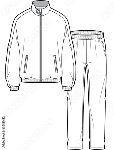 training tracksuit full zip long sleeve jacket and pants running jogging athletic sports wear set flat sketch vector illustration technical cad drawing template photo