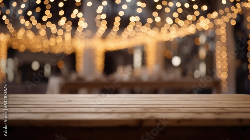 Empty white wooden table, blurred festival lights in background