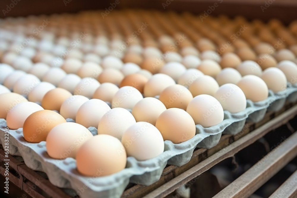 Chicken eggs move along a conveyor in a poultry farm. Food industry concept, chicken egg production.