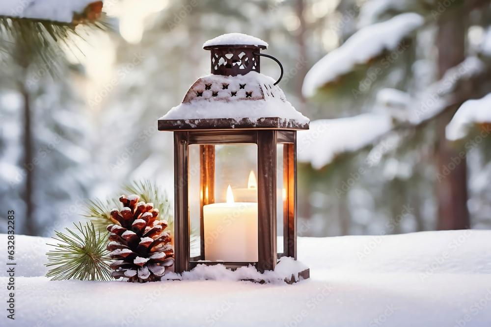 Lit Christmas lantern under the Christmas tree in the snow, covered with snow at night outdoors. Christmas mood. Selective focus. Space for copy. Lit Christmas lantern under the Christmas tree in the snow, covered with snow at night outdoors. Christmas mood. Selective focus. Space for copy.