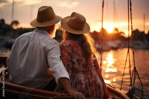 Caucasian perfect couple sitting on yacht deck while sailing in the sea. Luxury travel concept. People vacation concept