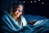 Smiling woman texting in bed, generative ai
