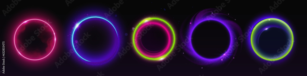 Colorful circular light flare effects isolated on dark black background. Vector realistic illustration of neon rings glowing, sparkling with shimmering particles and smoke, space halo, energy vortex Colorful circular light flare effects isolated on dark black background. Vector realistic illustration of neon rings glowing, sparkling with shimmering particles and smoke, space halo, energy vortex