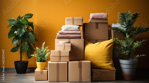 Close up of moving carton boxes , plants and other house objects in an empty room photo