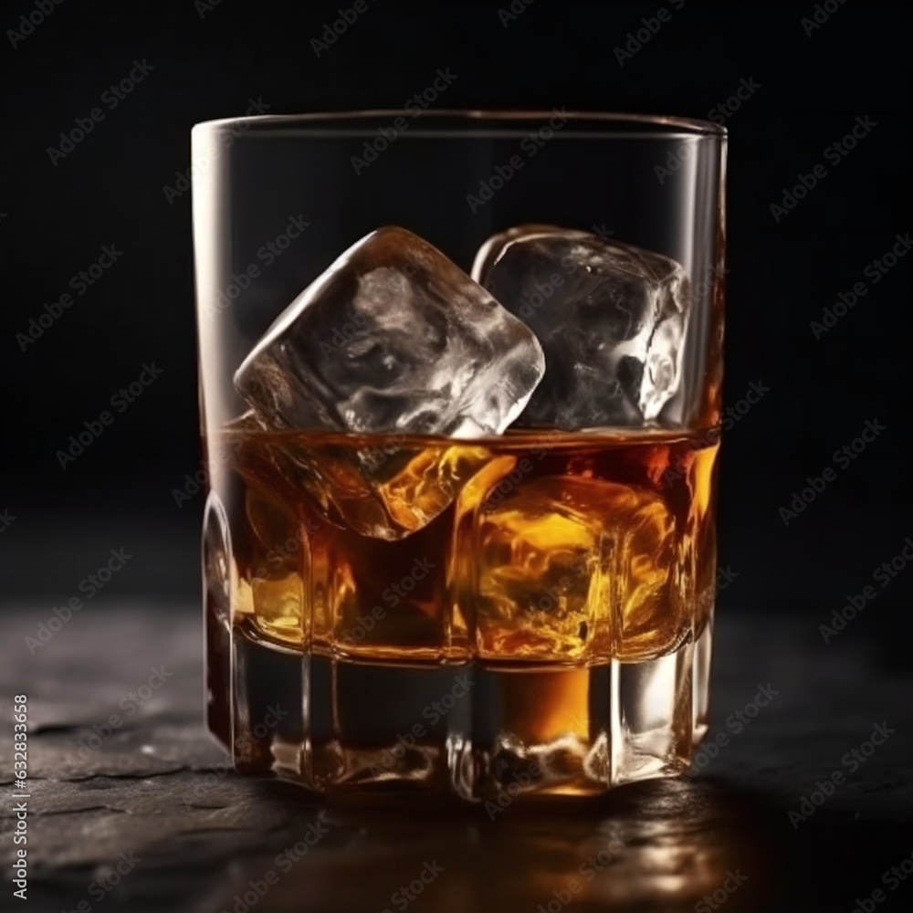 Glass of elegant whiskey with ice cubes on a bar counter with dark moody atmosphere. Drink art concept. Generative ai Glass of elegant whiskey with ice cubes on a bar counter with dark moody atmosphere. Drink art concept. Generative ai