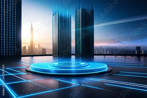 fountain at night, Hi-tech futuristic podium with neon light, glow, glare and...