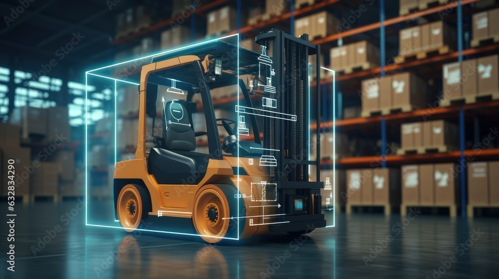 Autonomous Forklift Drives on the Warehouse with Sensors Scanning Cardboard Boxes, Self Driving Forklift, Automated Retail Warehouse. Generative Ai Autonomous Forklift Drives on the Warehouse with Sensors Scanning Cardboard Boxes, Self Driving Forklift, Automated Retail Warehouse. Generative Ai