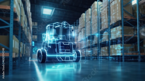 Autonomous Forklift Drives on the Warehouse with Sensors Scanning Cardboard Boxes, Self Driving Forklift, Automated Retail Warehouse. Generative Ai