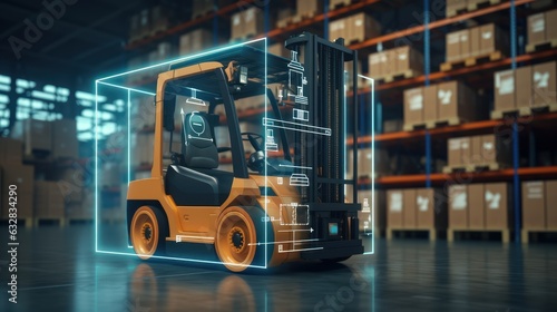 Autonomous Forklift Drives on the Warehouse with Sensors Scanning Cardboard Boxes, Self Driving Forklift, Automated Retail Warehouse. Generative Ai