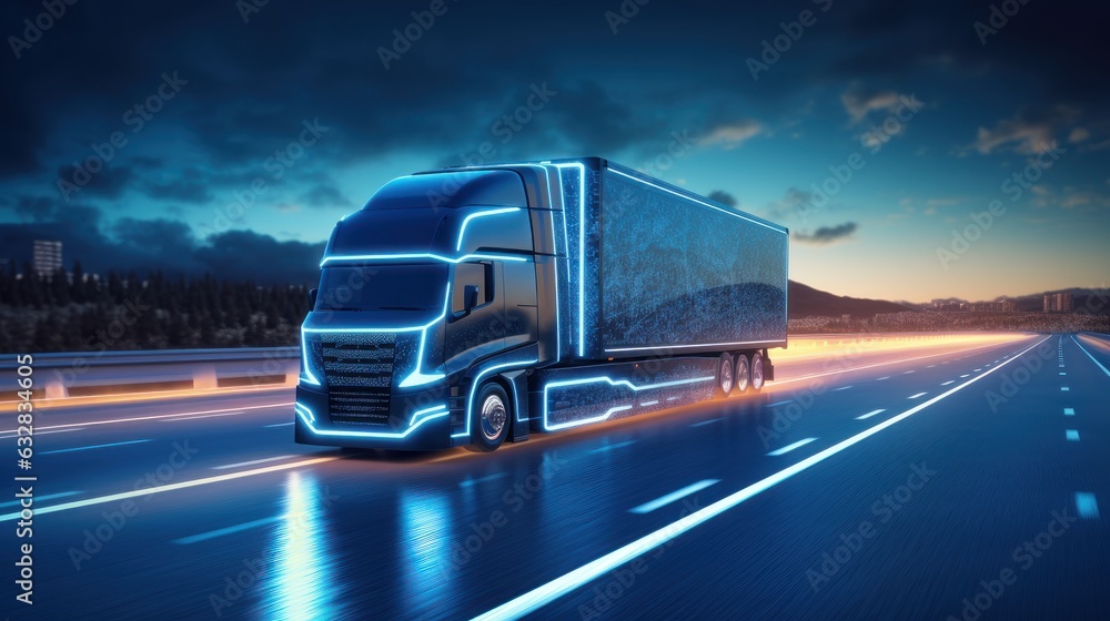 Truck Driving on the Road with Sensors Scanning, Futuristic Autonomous Truck, Self Driving Truck. Generative Ai