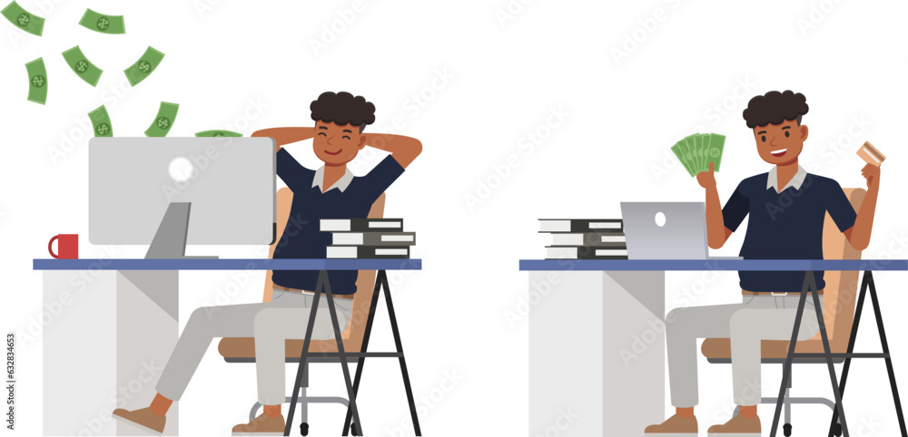 Fototapeta premium Set of office man wear blue shirt character vector design. Presentation in various action. People working in office planning, thinking and economic analysis. Businessman on isolated white background i